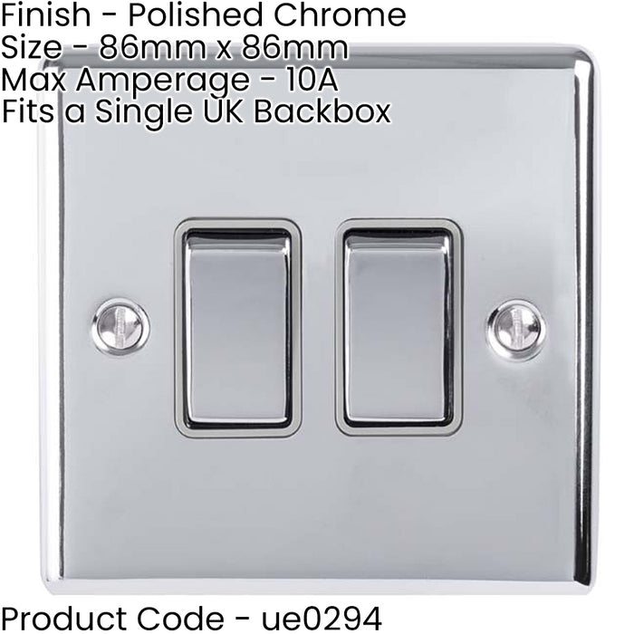 2 PACK 2 Gang Double Metal Light Switch POLISHED CHROME 2 Way 10A GREY Trim