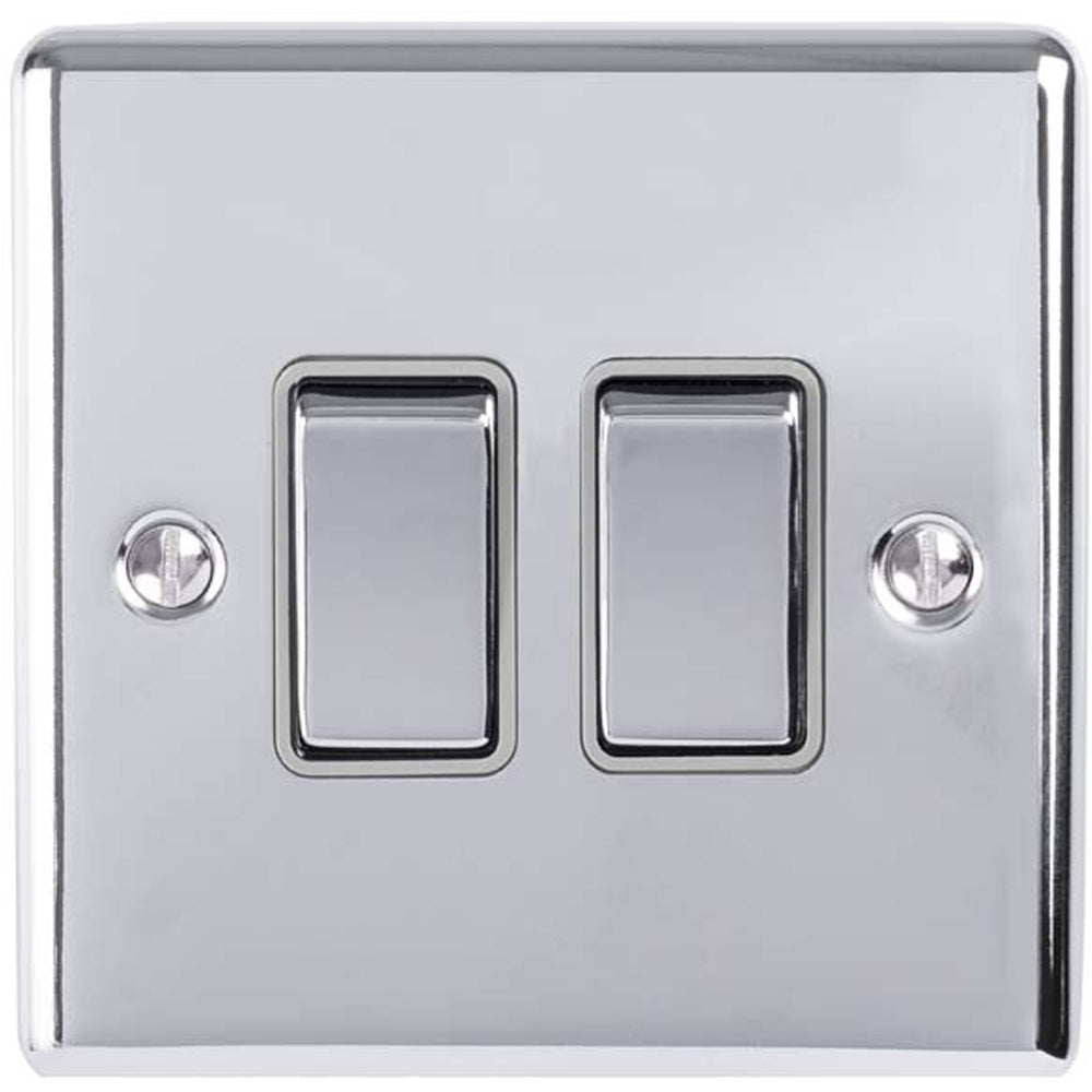 2 Gang Double Light Switch POLISHED CHROME 2 Way 10A GREY Trim & Metal ...