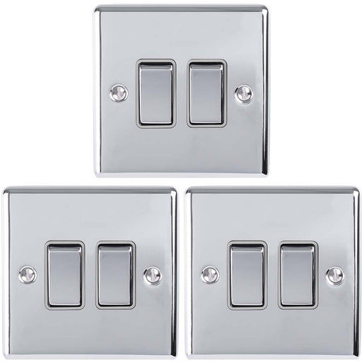3 PACK 2 Gang Double Metal Light Switch POLISHED CHROME 2 Way 10A GREY Trim