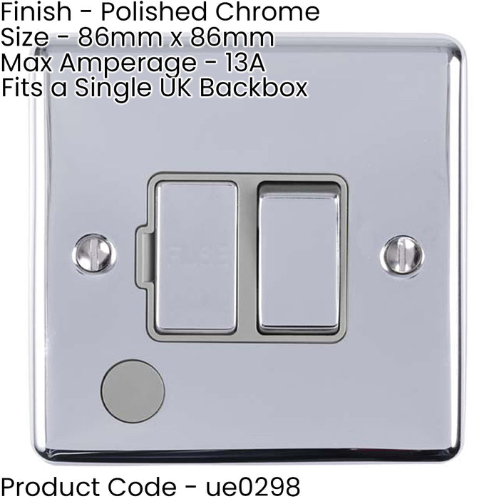 13A DP Switched Fuse Spur & Flex Outlet POLISHED CHROME & GREY Mains Isolation