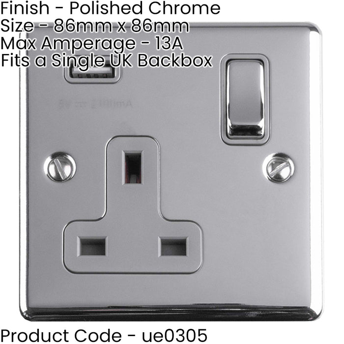 3 PACK 1 Gang Single UK Plug Socket & 2.1A USB-A CHROME & GREY 13A Switched