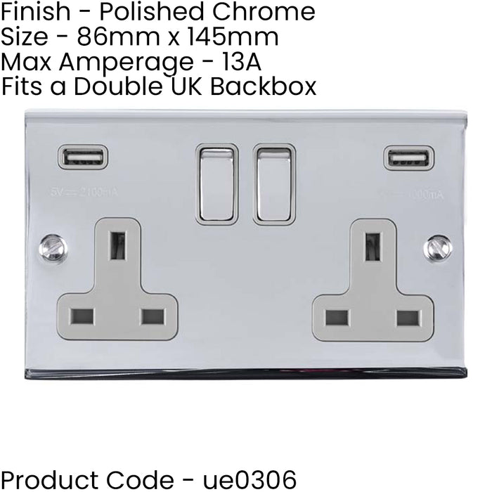 3 PACK 2 Gang Double UK Plug Socket & 2.1A USB-A CHROME & GREY 13A Switched