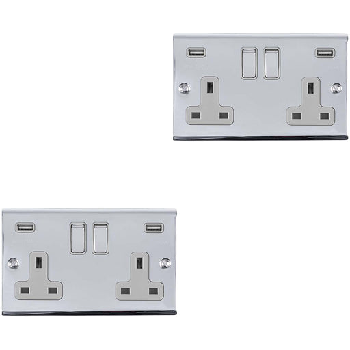 2 PACK 2 Gang Double UK Plug Socket & 2.1A USB-A CHROME & GREY 13A Switched