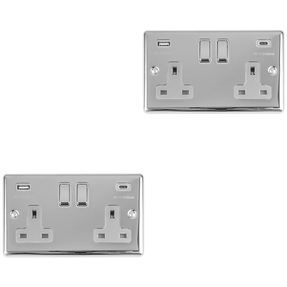 2 PACK 2 Gang UK Plug Socket & Dual 3.1A USB-C & A CHROME & GREY 13A S ...