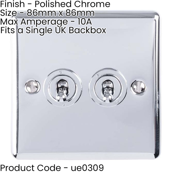 2 Gang Double Retro Toggle Light Switch POLISHED CHROME 10A 2 Way Lever Plate