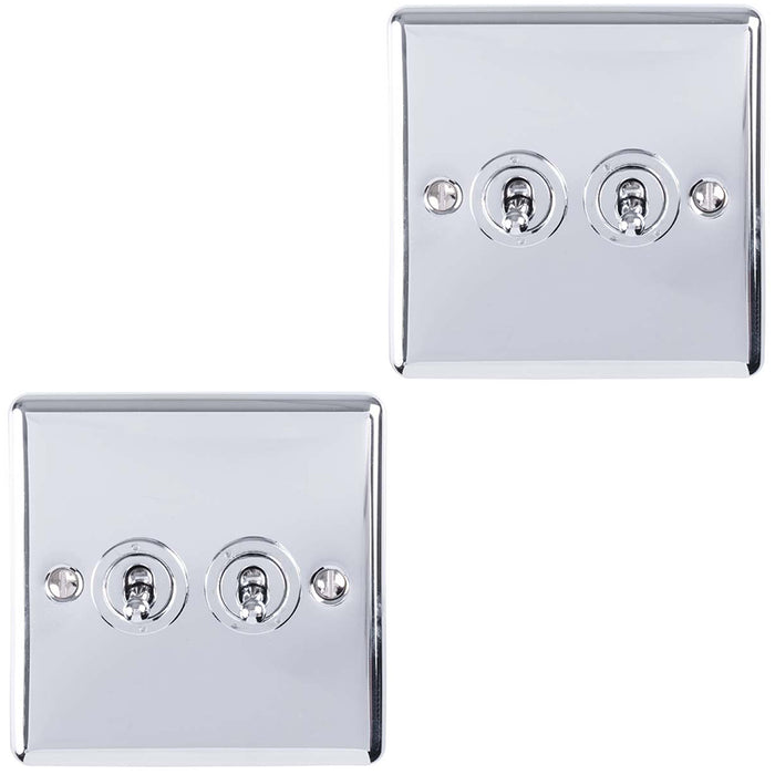 2 PACK 2 Gang Double Retro Toggle Light Switch POLISHED CHROME 10A 2 Way Plate