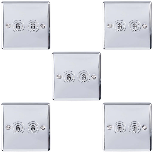 5 PACK 2 Gang Double Retro Toggle Light Switch POLISHED CHROME 10A 2 Way Plate