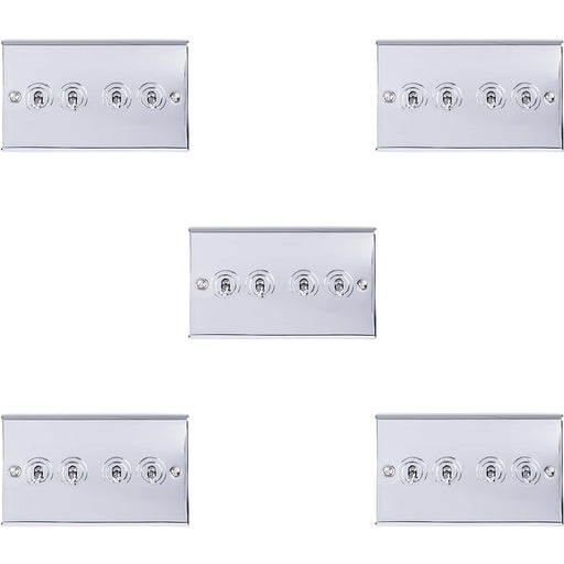 5 PACK 4 Gang Quad Retro Toggle Light Switch POLISHED CHROME 10A 2 Way Plate