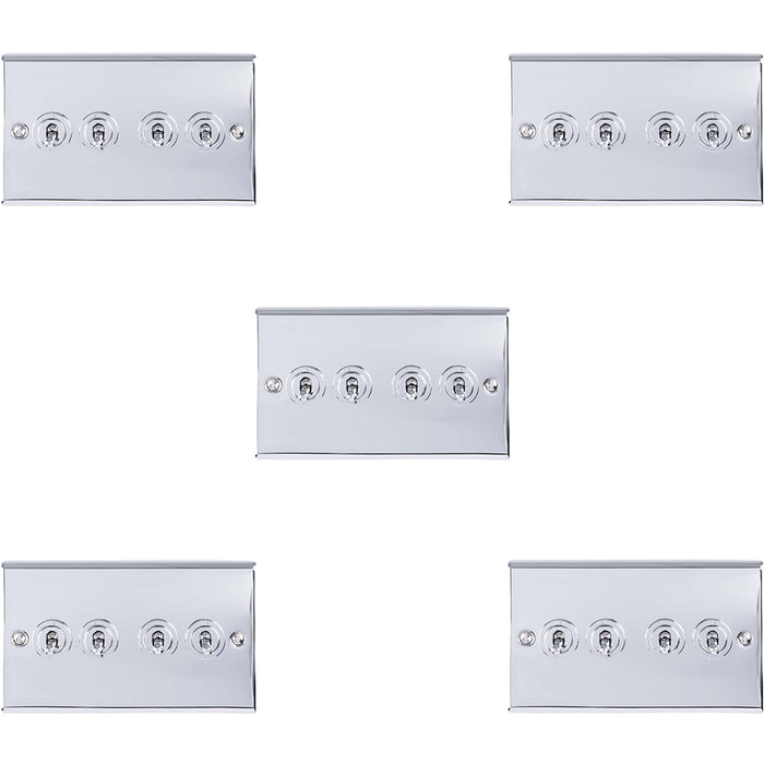 5 PACK 4 Gang Quad Retro Toggle Light Switch POLISHED CHROME 10A 2 Way Plate