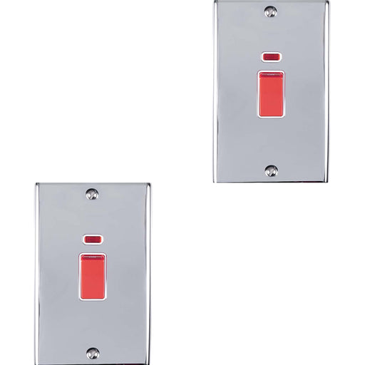 2 PACK 2 Gang Double 45A DP Switch Neon POLISHED CHROME & WHITE Vertical Rocker