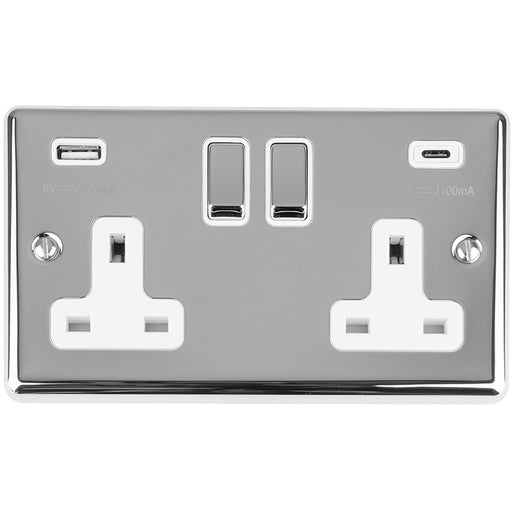 2 Gang Double UK Plug Socket & Dual 3.1A USB-C & A CHROME & WHITE 13A Switched