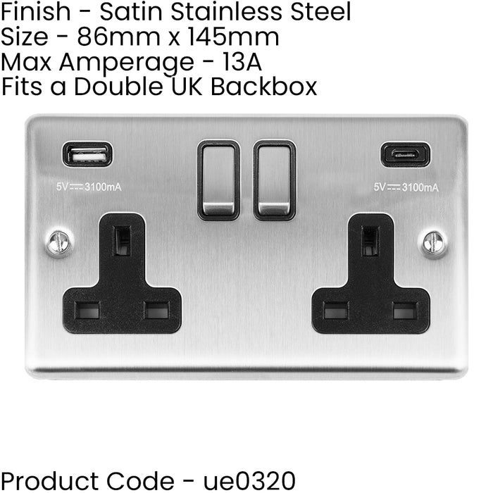 3 PACK 2 Gang UK Plug Socket & 2x 3.1A USB-C & A SATIN STEEL & BLACK 13A Switch
