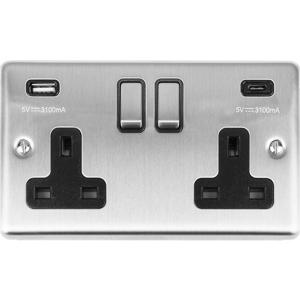 2 Gang Double UK Plug Socket & 2x 3.1A USB-C & A SATIN STEEL & BLACK 1 ...