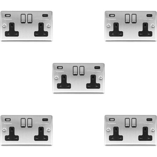 5 PACK 2 Gang UK Plug Socket & 2x 3.1A USB-C & A SATIN STEEL & BLACK 13A Switch