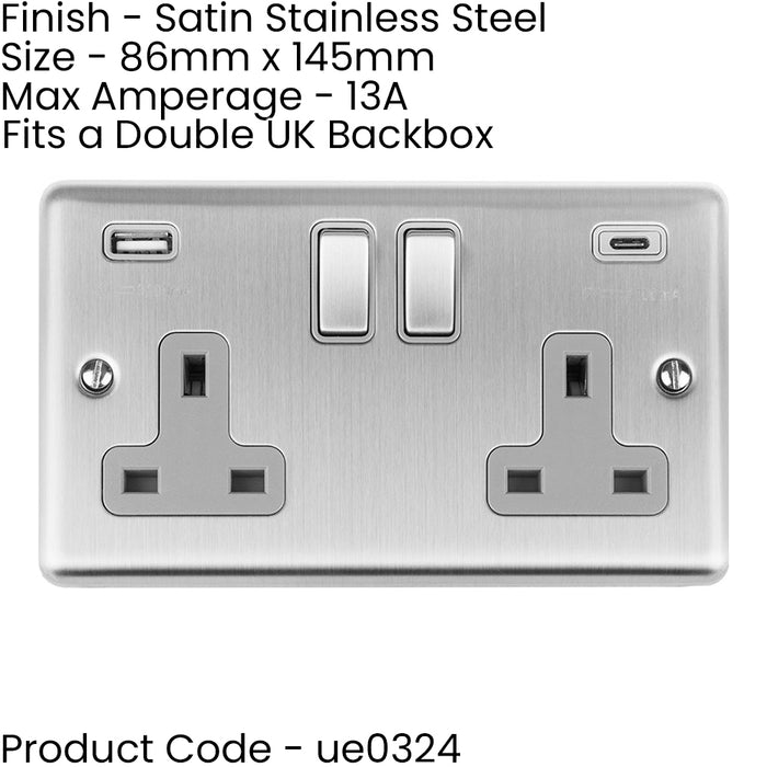 5 PACK 2 Gang UK Plug Socket & 2x 3.1A USB-C & A SATIN STEEL & GREY 13A Switch