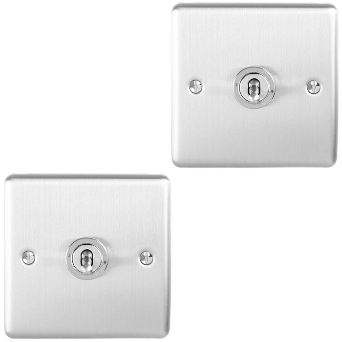 2 PACK 1 Gang Single Retro Toggle Light Switch SATIN STEEL 10A 2 Way Wall Plate