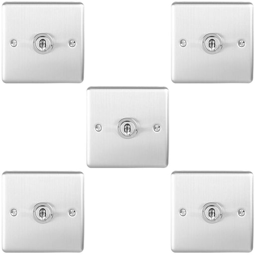 5 PACK 1 Gang Single Retro Toggle Light Switch SATIN STEEL 10A 2 Way Wall Plate