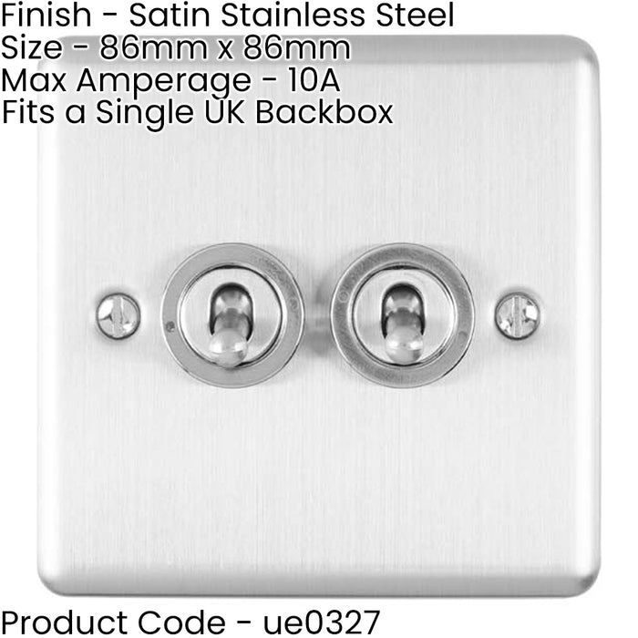 2 Gang Double Retro Toggle Light Switch SATIN STEEL 10A 2 Way Lever Wall Plate