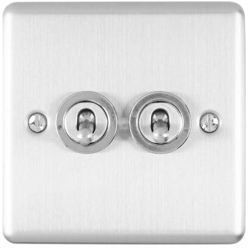 2 Gang Double Retro Toggle Light Switch SATIN STEEL 10A 2 Way Lever Wall Plate