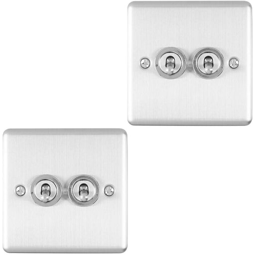 2 PACK 2 Gang Double Retro Toggle Light Switch SATIN STEEL 10A 2 Way Wall Plate