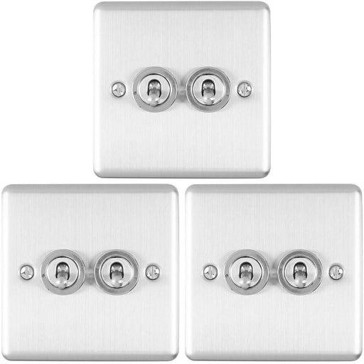 3 PACK 2 Gang Double Retro Toggle Light Switch SATIN STEEL 10A 2 Way Wall Plate