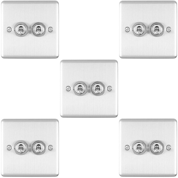 5 PACK 2 Gang Double Retro Toggle Light Switch SATIN STEEL 10A 2 Way Wall Plate
