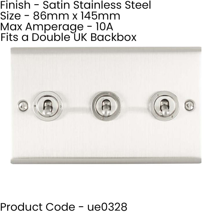 3 PACK 3 Gang Triple Retro Toggle Light Switch SATIN STEEL 10A 2 Way Wall Plate