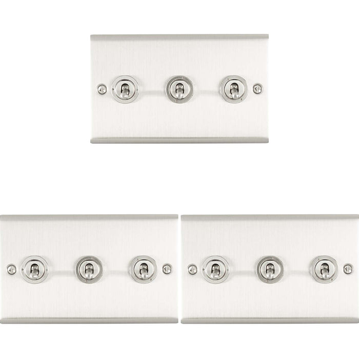 3 PACK 3 Gang Triple Retro Toggle Light Switch SATIN STEEL 10A 2 Way Wall Plate