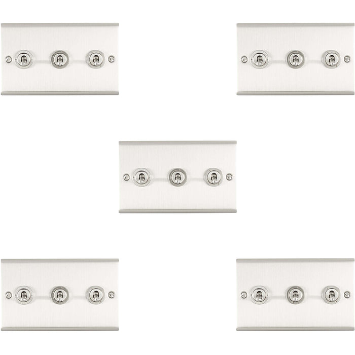 5 PACK 3 Gang Triple Retro Toggle Light Switch SATIN STEEL 10A 2 Way Wall Plate