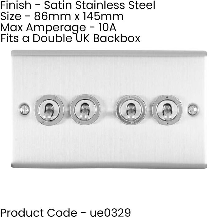 3 PACK 4 Gang Quad Retro Toggle Light Switch SATIN STEEL 10A 2 Way Wall Plate