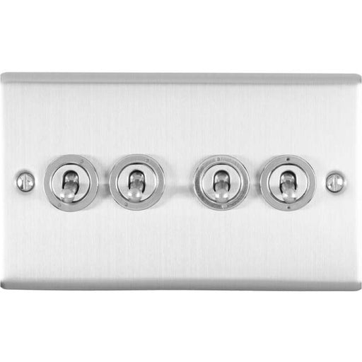 4 Gang Quad Retro Toggle Light Switch SATIN STEEL 10A 2 Way Lever Wall Plate