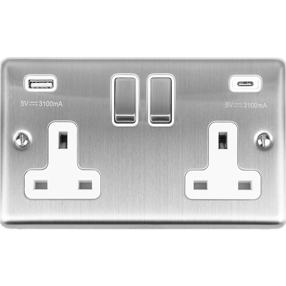 2 Gang Double UK Plug Socket & 2x 3.1A USB-C & A SATIN STEEL & WHITE 1 ...