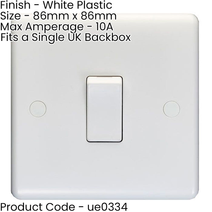 3 PACK 1 Gang Single 10A Light Switch 1 Way - WHITE PLASTIC Wall Plate Rocker