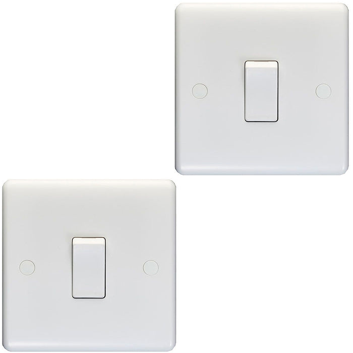 2 PACK 1 Gang Single 10A Light Switch 1 Way - WHITE PLASTIC Wall Plate Rocker