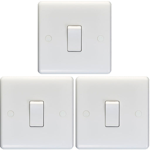 3 PACK 1 Gang Single 10A Light Switch 1 Way - WHITE PLASTIC Wall Plate Rocker