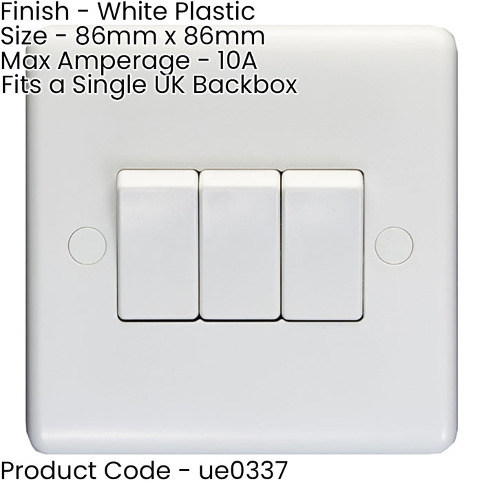 5 PACK 3 Gang Triple 10A Light Switch 2 Way - WHITE PLASTIC Wall Plate Rocker