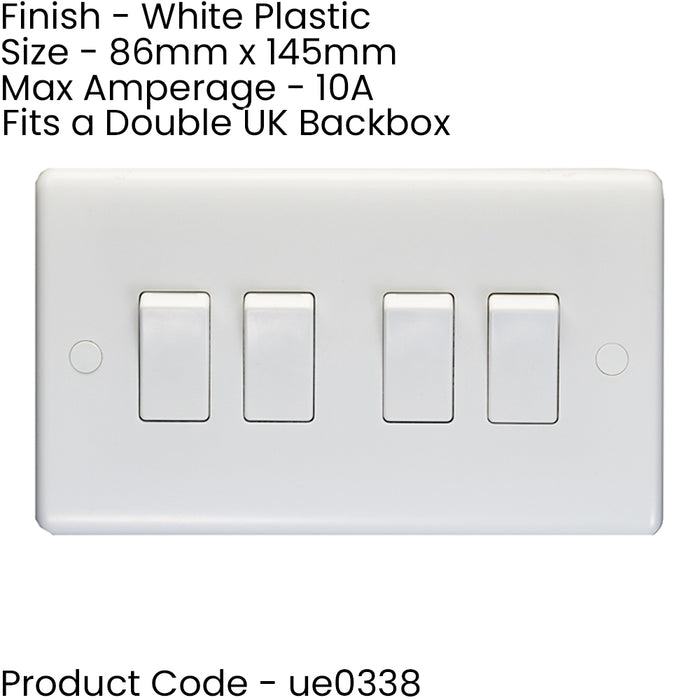 5 PACK 4 Gang Quad 10A Light Switch 2 Way - WHITE PLASTIC Wall Plate Rocker