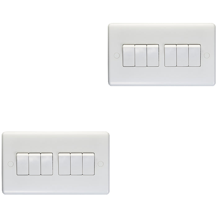 2 PACK 6 Gang Multi 10A Light Switch 2 Way - WHITE PLASTIC Wall Plate Rocker