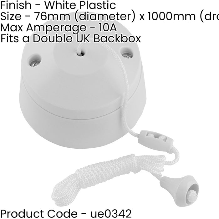 2 PACK 1m Pull Cord Ceiling Switch - 10A 230V - WHITE Bathroom Round Rose 2 Way