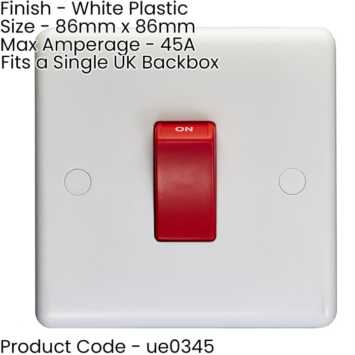 1 Gang Single 45A DP Cooker Switch - WHITE PLASTIC RED Rocker Oven Appliance