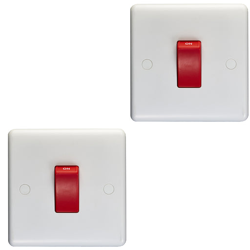 2 PACK 1 Gang Single 45A DP Cooker Switch - WHITE PLASTIC Rocker Oven Appliance