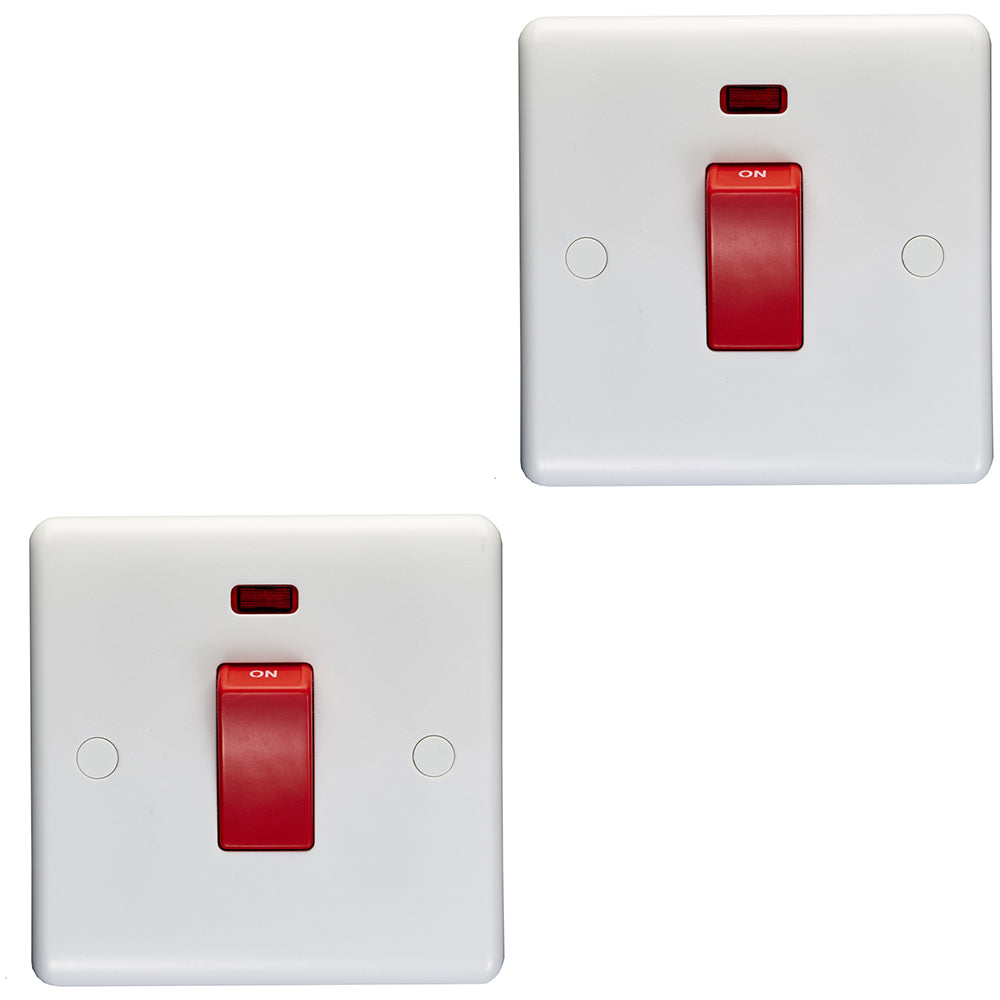 2 PACK 1 Gang Single 45A DP Cooker Switch & Neon - WHITE Rocker Oven A ...