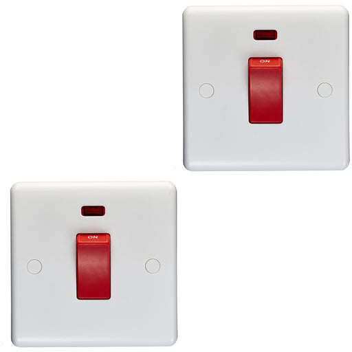 2 PACK 1 Gang Single 45A DP Cooker Switch & Neon - WHITE Rocker Oven Appliance