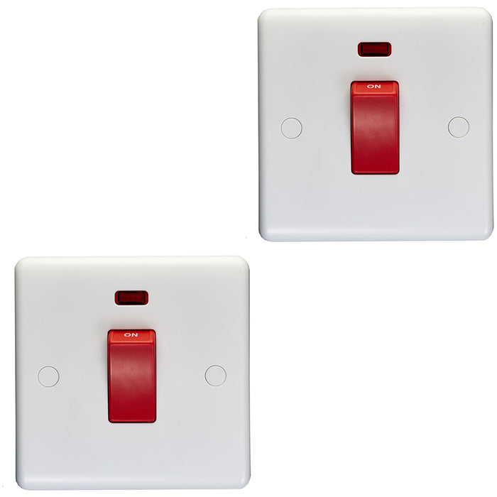 2 PACK 1 Gang Single 45A DP Cooker Switch & Neon - WHITE Rocker Oven Appliance