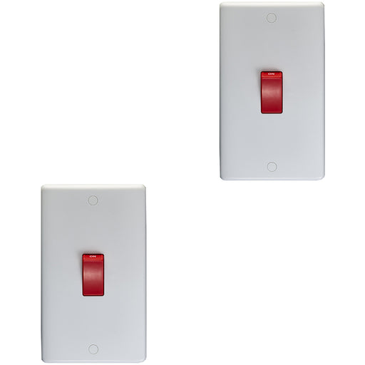2 PACK 2 Gang Double Vertical 45A DP Cooker Switch - WHITE Rocker Oven Appliance