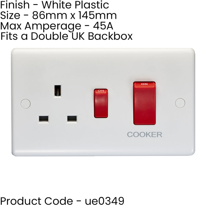 45A DP Oven Switch & Single 13A Switched Power Socket WHITE Cooker Wall Outlet