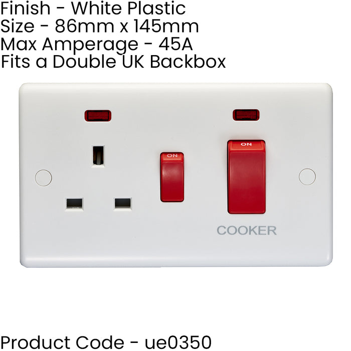 45A DP Oven Switch & Single 13A Switched Power Socket & Neon WHITE Cooker Wall