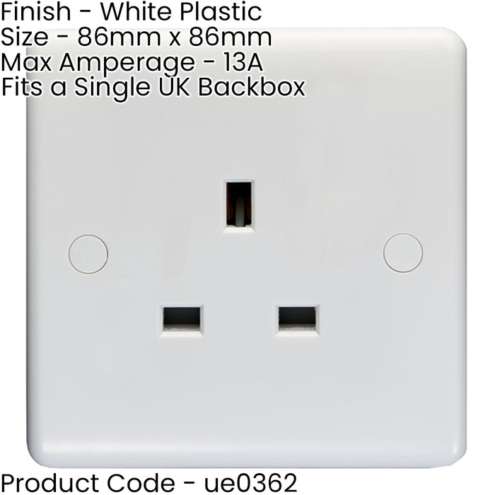 1 Gang Single 13A Unswitched UK Plug Socket - WHITE PLASTIC Wall Power Outlet