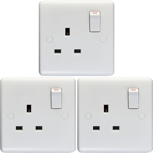 3 PACK 1 Gang Single Pole 13A Switched UK Plug Socket - WHITE Wall Power Outlet