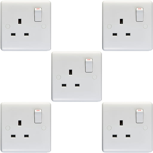 5 PACK 1 Gang Single Pole 13A Switched UK Plug Socket - WHITE Wall Power Outlet
